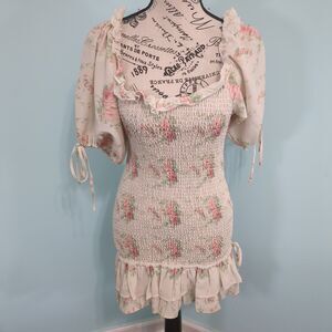 For Love Bell Smocked Floral Ruffle Mini Dress medium Cottage Core Fairy Y2k